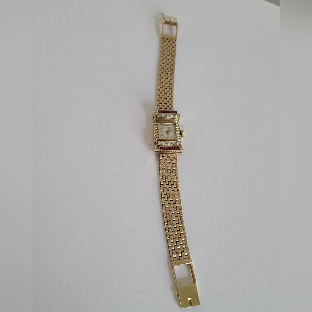 Antique 14K Yellow Gold Custom 17 Jewel Luxury Diamond Ruby Wind Up Manual Watch - Picture 13 of 16